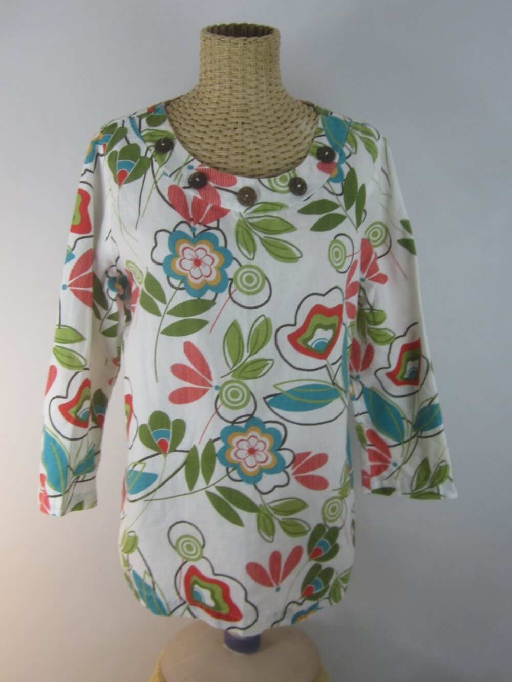 Hot Cotton Women M Multicolor Floral Print 3/4 Sleeve Linen Cotton Tunic Top - Picture 2 of 8